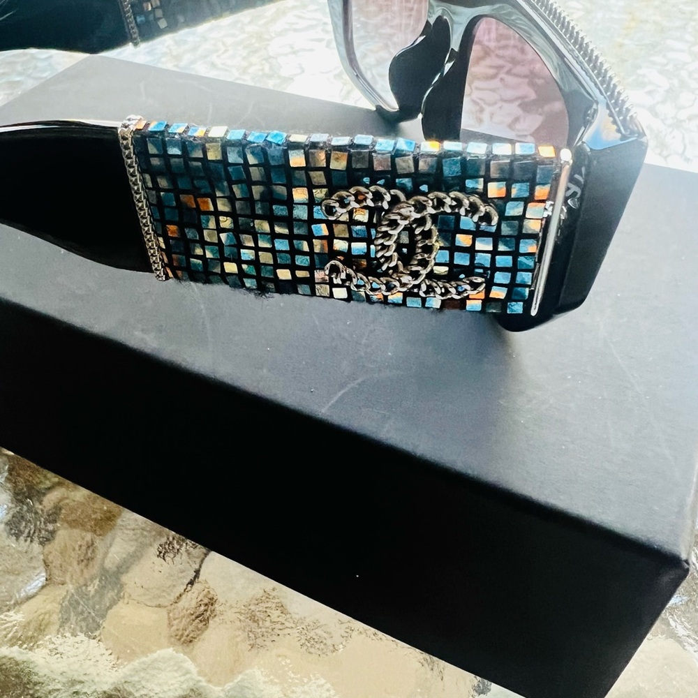 CHANEL Black Sunglasses with Blue Mosaic Accents